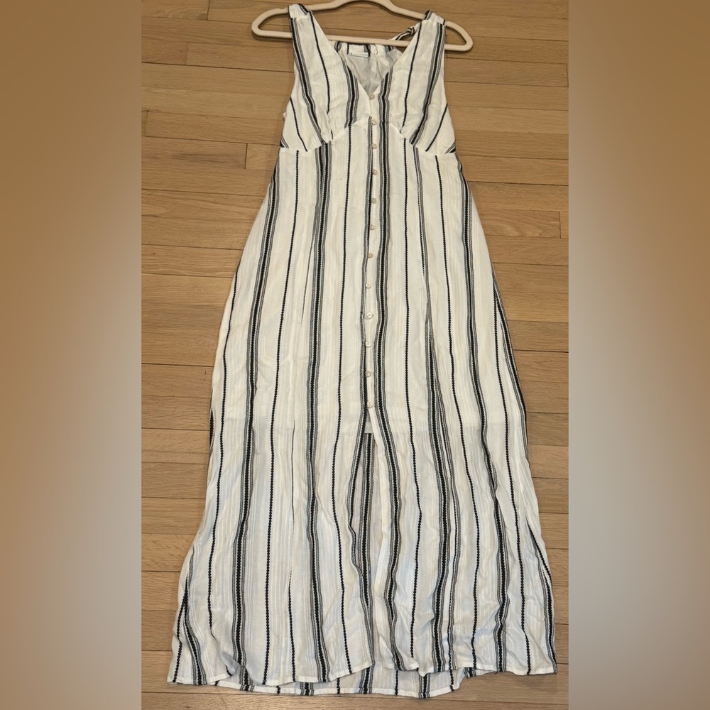 Striped White and Black Button-Front Maxi Dress